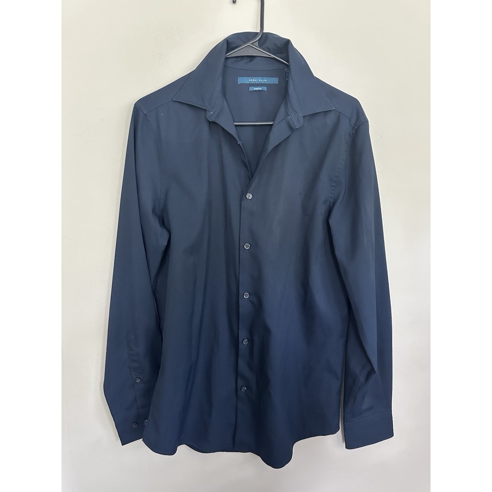 Perry Ellis Untucked Navy Blue Stretch Button Down Shirt Size SMALL Vacation‎